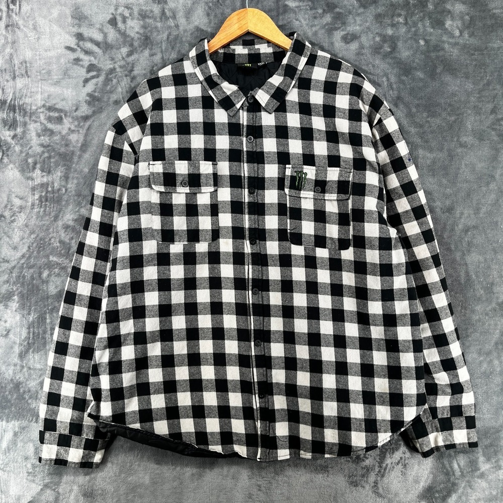 Vintage Y2k Monster Energy Racing Plaid Flannel Shirt Jacket Quilted Men's XXXL